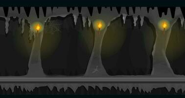 Dark cave game background tillable horizontally, dark terrible empty place with rock, lighting walls in side view. For 2d games location. Vector illustration