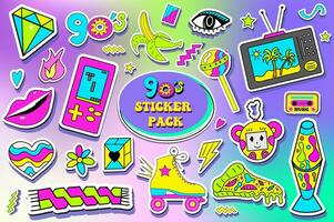 Set of 90s retro devices in modern acid psychedelic style. Nostalgia for 1990s. cassette, game console, roller skates, electronics. Vector illustration.