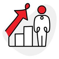 A visual representation of an ascending bar graph with a person, representing individual progress, climbing the career ladder, and growth. vector