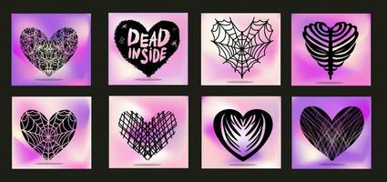 y2k emo poster spider web hearts. Dead inside for tshirts. Vector illustration