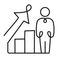 An icon representing an ascending bar graph with a person as the final bar, symbolizing personal growth, achievement, and progress. vector