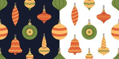 Vector set of seamless patterns with colorful bubbles and balls for Christmas tree. Red, green and yellow Christmas ornaments and decorations on white and dark blue backgrounds. Happy New Year.