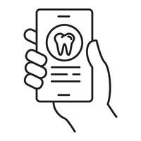 An icon featuring a mobile phone in a hand with a tooth symbol on the screen, symbolizing dental health, oral care, and a teeth check app vector