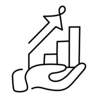 An icon featuring a hand holding an ascending bar chart, symbolizing growth, data visualization, and achieving success. vector