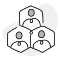 A vector icon featuring three individuals enclosed within three hexagons, symbolizing connectedness, teamwork, community, or social networks.