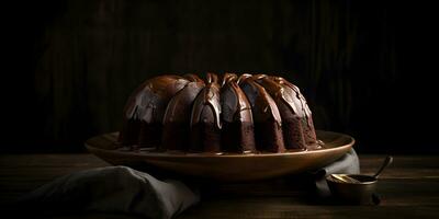 delicioso chocolate bundt pastel coronado postre con ganache vidriar en oscuro fondo, bandera con Copiar espacio. ai generado. foto