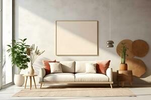 Rectangular frame poster mockup, on light concrete wall in living interior with modern boho furniture and big window, century beige sofa, scandinavian style interior decoration. Generated AI. photo