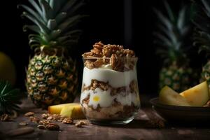 Yogurt granola parfait with sliced nuts and fresh pineapple fruits in a glass jar on dark background. Generative AI. photo