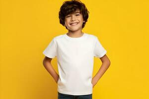 Male child, boy wearing bella canvas white shirt mockup, at yellow background. Design tshirt template, print presentation mock-up. AI generated. photo