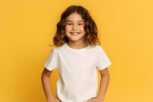 Female child, girl wearing bella canvas white shirt mockup, at yellow background. Design tshirt template, print presentation mock-up. AI generated. photo