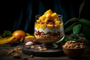 Yogurt granola parfait with sliced nuts, fresh mango fruits in a glass jar on dark background. Generative AI. photo