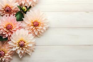 Dahlia flowers on white wooden background, floral flat lay. Valentine's, womens, mothers day, birthday or wedding concept. Top view. Copy space. Generated AI. photo