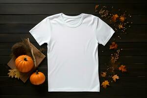 White womens t-shirt halloween mockup with pumpkins and leaves on dark background. Design t shirt template, print presentation mock up. Top view flat lay. Generated AI. photo