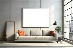 Rectangular frame poster mockup, on light concrete wall in living interior with modern boho furniture and big window, century gray sofa, scandinavian style interior decoration. Generated AI. photo