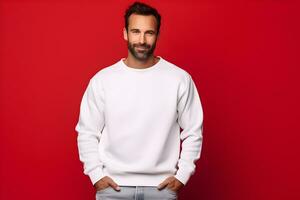 Young man wearing white sweatshirt mockup, at red background. Design pullover template, print presentation mock-up. AI generated. photo