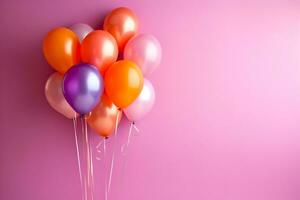 vistoso globos manojo atado en un rosado pared antecedentes con Copiar espacio. cumpleaños, boda, fiesta o celebracion concepto. generado ai. foto