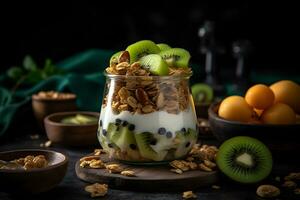 Yogurt granola parfait with sliced nuts and fresh kiwi fruits in a glass jar on dark background. Generative AI. photo