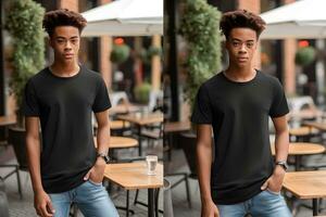 Young man wearing bella canvas black t shirt and jeans, at a cozy restaurant on summers day. Two vertical design tshirt template, print presentation mockup. Ai generated. photo