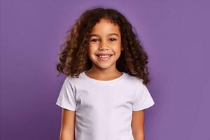 Female child, girl wearing bella canvas white shirt mockup, at purpe background. Design tshirt template, print presentation mock-up. AI generated. photo