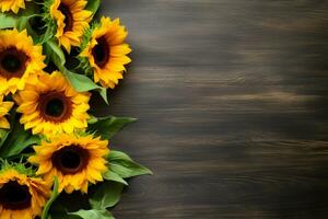 Sunflowers on wooden background. Valentine's, womens, mothers day, birthday or wedding, summer flowers flat lay. Top view. Copy space. Generated AI. photo