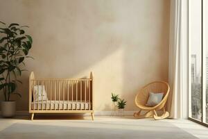 Empty, blank concrete wall mockup in living interior of a baby room, with modern boho furniture and with baby cot, scandinavian style interior decoration. Generated AI. photo