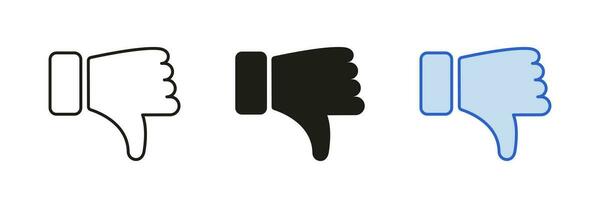 Dislike, Bad Gesture, Unlike Pictogram Collection. Thumb Down Silhouette and Line Icons Set. Finger Down Black and Color Symbol. Negative Vote in Social Network Sign. Isolated Vector Illustration.