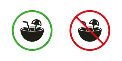 Allowed and Prohibited Zone for Drinking Alcohol. Beach Bar, Summer Coconut Cocktail with Umbrella and Straw Silhouette Icons Set. Coco Drink Red and Green Warning Signs. Isolated Vector Illustration.