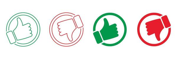 pulgar arriba, pulgar abajo línea y silueta icono colocar. bueno y malo gesto botón rojo y verde signo. me gusta y disgusto pictograma recopilación. social medios de comunicación realimentación simbolos aislado vector ilustración.