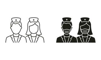 Male and Female Physicians Specialist Pictogram Collection. Doctors Man and Woman Symbol Set. Medic Professional Assistants Line and Silhouette Black Icon Set. Isolated Vector Illustration.