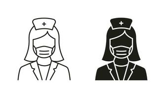 Nurse in Face Mask Symbol Collection. Professional Doctor Woman Line and Silhouette Black Icon Set. Female Physicians Specialist, Medic Assistant Pictogram. Isolated Vector Illustration.