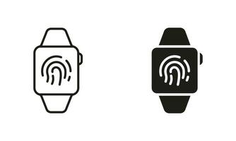 toque carné de identidad tecnología en reloj inteligente línea y silueta icono colocar. biométrico identificación pictograma. inteligente reloj con huella dactilar. seguridad pantalla táctil símbolo recopilación. aislado vector ilustración.