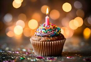 Birthday cupcake with a candle, colorful cream and festive tinsel decoration on bright background with copy space. Generated AI. photo