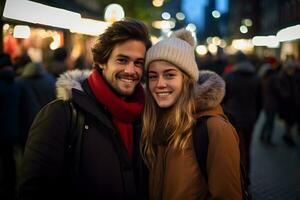 joven Pareja en Navidad mercado, invierno clima atmósfera, disfruta fiesta compras. ai generado foto