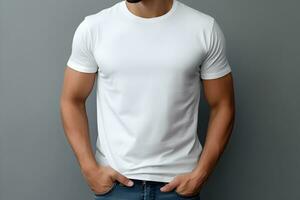 Young man wearing bella canvas white shirt mockup, at dark gray background. Design tshirt template, print presentation mock-up. AI generated. photo