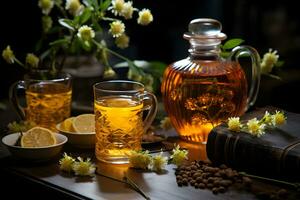 Cup of aromatic linden tea with fresh flowers on the table. Organic and natural, herbal hot healthy beverage. AI generated photo