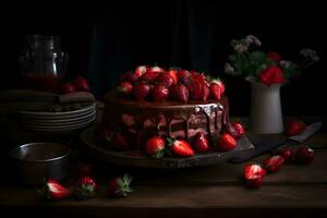 Delicious chocolate strawberry cake torte dessert with fresh berries and butter cream on dark background. Ai generated. photo