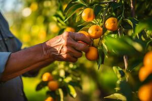 Close up of farmer male hands picking orange or mandarin fruits. Organic food, harvesting and farming concept. Generated AI. photo