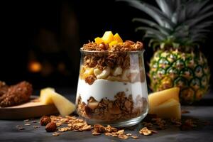 Yogurt granola parfait with sliced nuts and fresh pineapple fruits in a glass jar on dark background. Generative AI. photo