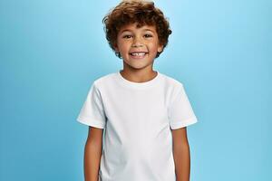 Male child, boy wearing bella canvas white shirt mockup, at blue background. Design tshirt template, print presentation mock-up. AI generated. photo