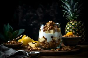 Yogurt granola parfait with sliced nuts and fresh pineapple fruits in a glass jar on dark background. Generative AI. photo