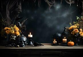 Empty black halloween table mockup with pumpkins, candles, scull, autumn flowers, spooky decoration and dark mystical background. Generated AI. photo