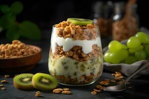 Yogurt granola parfait with sliced nuts, fresh kiwi and grape fruits in a glass jar on dark background. Generative AI. photo