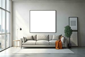 Rectangular frame poster mockup, on light concrete wall in living interior with modern boho furniture and big window, century gray sofa, scandinavian style interior decoration. Generated AI. photo