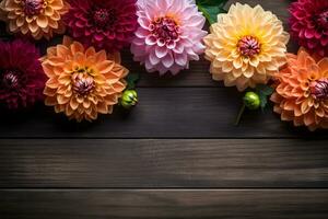 Dahlia flowers on wooden background, floral flat lay. Valentine's, womens, mothers day, birthday or wedding concept. Top view. Copy space. Generated AI. photo