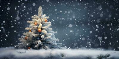 Decorated christmas tree with snow in the forest. Winter snowfall evening landscape background. AI generated photo