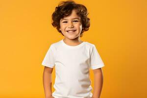 Male child, boy wearing bella canvas white shirt mockup, at yellow background. Design tshirt template, print presentation mock-up. AI generated. photo