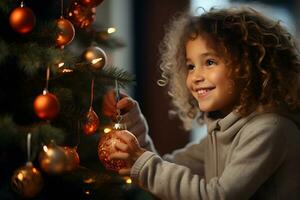 alegre joven niña decorando el Navidad árbol. Navidad atmósfera a acogedor hogar interior. ai generado foto