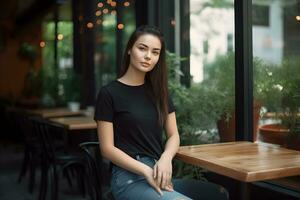 Young woman wearing bella canvas black t shirt and jeans, at a cozy restaurant on summers day. Design tshirt template, print presentation mockup. Ai generated. photo