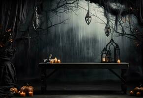 Empty black halloween table mockup with pumpkins, lantern, candles, spooky decoration and dark mystical forest background. Generated AI. photo