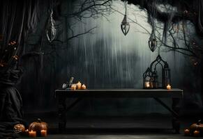 vacío negro Víspera de Todos los Santos mesa Bosquejo con calabazas, linterna, velas, escalofriante decoración y oscuro místico bosque antecedentes. generado ai. foto